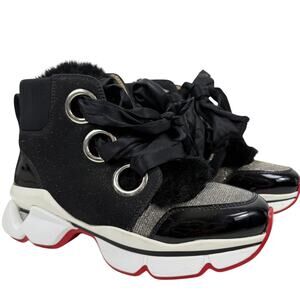Christian Louboutin Marellaski High Leather Fur Sneakers Black Size 37